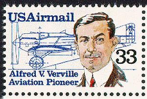 Почтовая марка с изображением Альфреда Вервилла на фоне Verville Sperry R-3 