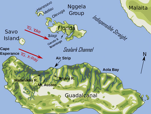 04. Гуадалканал с прилегающими островами. Красными стрелками указаны направления движения американских судов с десантом.