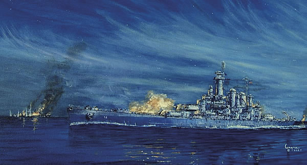 15. Линкор Washington ведет огонь по японскому дредноуту Kirishima в ночном бою 15 ноября 1942 г.