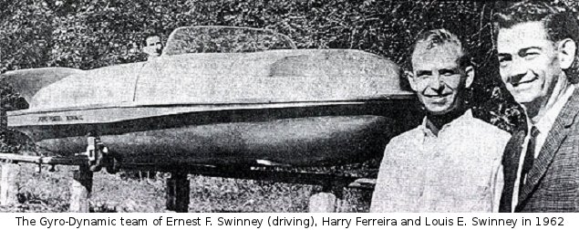 The Gyro-Dynamic team of Ernest F. Swinney (driving), Harry Ferreira and Louis E. Swinney in 1962