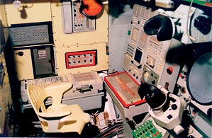 Центр управления и контроля станции с оптическим устройством ОД-5 и визирами – панорамно-обзорного устройства (справа внизу) и перископа кругового обзора «Сокол» (справа вверху). Фото novosti-kosmonavtiki.ru
