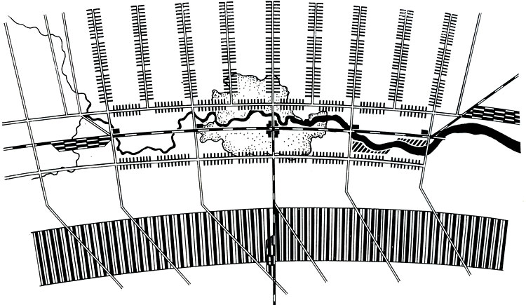 05. Экспериментальная схема линейного Лондона, сделанная Гильберсаймером. Новое жилищное строительство размещается по сторонам девяти меридиональных автомобильных дорог; промышленные предприятия - к югу от Темзы; в центре - главный железнодорожный вокзал