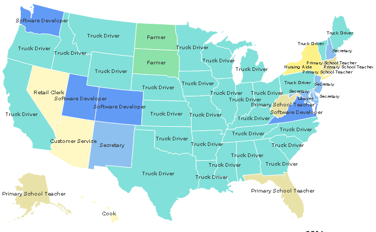 Самая популярная профессия в каждом штате США в 2014 (голубенький это водители грузовиков)