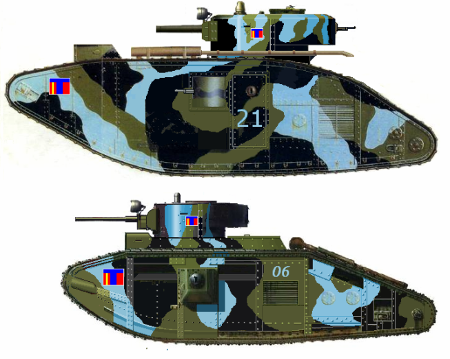 (Монгольские танки: тяжёлый «Рикардо» и средний «Тейлор» после модернизации. 1939 г. Эмблемы танковых войск МНРА альтернативные)