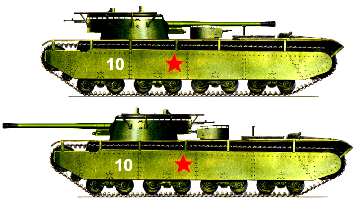 (Штурмовой танк Т-35М обр. 36 г. в транспортном и боевом положениях. Понятно, что развернув башню «по походному», машина может смело преодолевать любые преграды, не боясь повредить ствол орудия, а крупнокалиберный ДК в кормовой нише башни – весьма серьёзное усиление вооружения, которого, кстати, требовали от наших новых тяжёлых танков в конце 30-х)