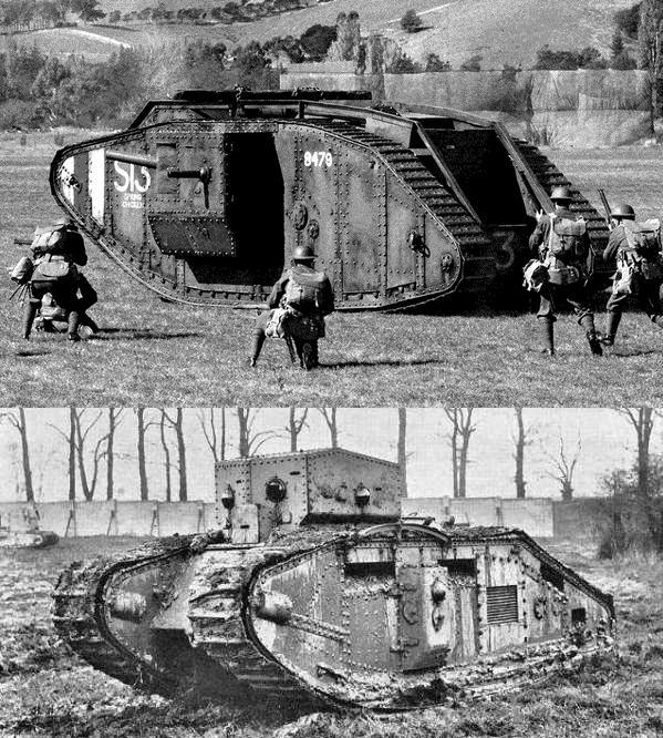 (Тяжёлый танк Mk-V и средний танк Mk-B на учениях британской армии)