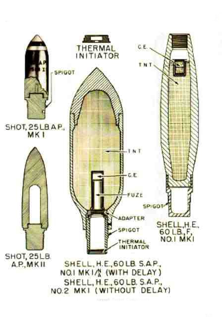 Боевые части английских реактивных снарядов. Слева: 25-фунтовые бронебойные – вверху «25lb AP rocket Mk.I», внизу - «25lb AP rocket Mk.II»  Справа: фугасный 60-фунтовый «60lb НЕ No1 Mk.I»,  Посередине: бронебойно-фугасный 60-фунтовый «60lb No2 Mk.I», к обозначению которого часто добавлялось «SAP» – Semi Armour Piercing – полубронебойный