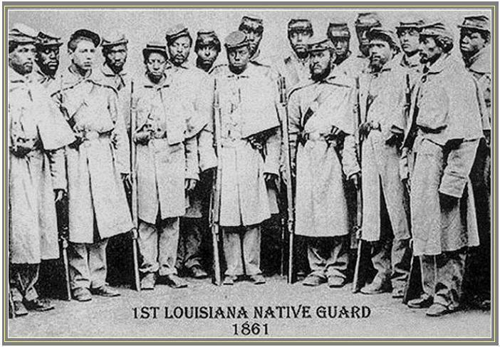 Солдаты 1-го полка (батальона) Луизианской милиции. Примечательно, что среди солдат видны как белые, так и черные.
