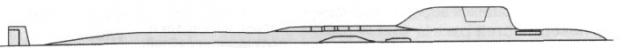 Предполагаемый внешний вид многоцелевой атомной подводной лодки с крылатыми ракетами пр. 885 «Северодвинск». Схема А.Н. Соколова.