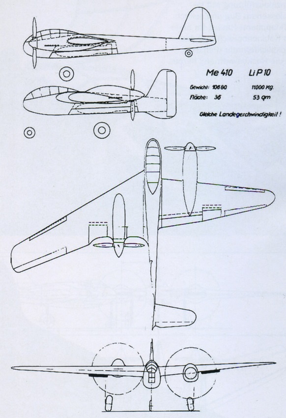 На данной схеме показана возможность использования узлов Me 210 в конструкции проекта Lippisch Р10. Новыми должны были стать стреловидное крыло и задняя часть фюзеляжа