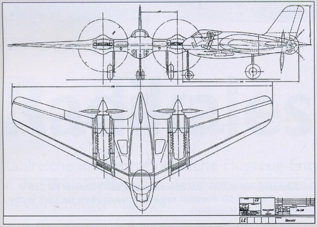 Классический чертеж самолета-бесхвостки: аэродинамически чистый и компактный проект Ме-329 обходился без длинной задней части фюзеляжа и горизонтального оперения