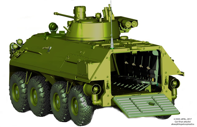 БТР-87, оснащенный БО "Берег", с открытой кормовой десантной аппарелью. Графика ООО "ВПК"