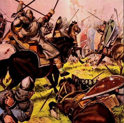 Атака кавалерии нормандцев. На переднем плане гибель нормандского рыцаря. Была небольшая вероятность, что таким же образом мог погибнуть и Вильгельм