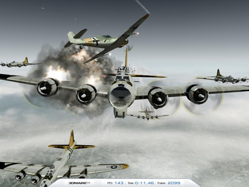 На данном скриншоте Ме-109 немецого пилота фон Раске атакует американский бомбер B-24 Hiawata пилота Роджера ТуХокса.