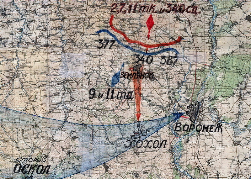 Общая схема предполагаемого удара корпусов 5-й танковой армии в направлении на Землянск