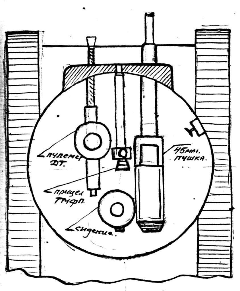 Схема установки 45-мм пушки в башне Т-60, разработанная КБ завода №92