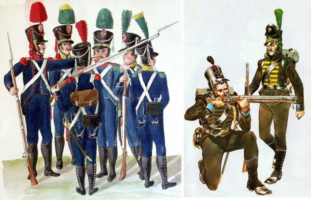 Французские легкие пехотинцы армии Жюно и португальские стрелки - казадоры