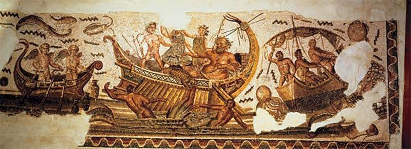 Дионис изгоняет пиратов из Тирренского моря. Впрочем, богу не удалось полностью очистить воды от морских разбойников, эта проблема осталась в наследство римлянам