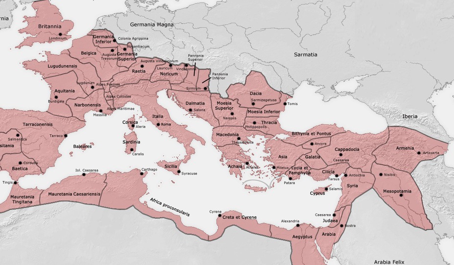 Римская империя в правление Траяна, в границах от Британии до Месопотамии