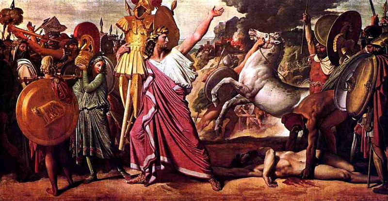 Ромул, победитель Акрона, приносит богатые дары в храм Юпитера. Художник Жан Огюст Энгр, 1812 г. Акрон был правителем сабинян во время войны из-за похищенных римлянами женщин-сабинянок