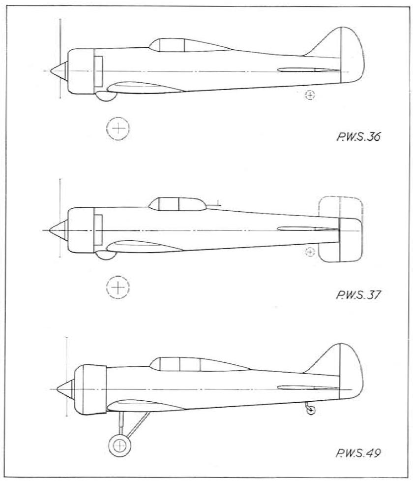 схемы проектов истребителя P.W.S.36, истребителя-бомбардировщика P.W.S.37 и учебно-тренировочного самолета P.W.S.49