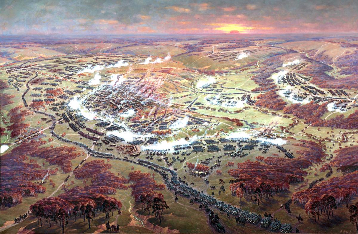 Панорама битвы за Малоярославец к вечеру 24 октября 1812 года. Справа вверху и в центре - французы, внизу, слева и слева вверху - русские. 