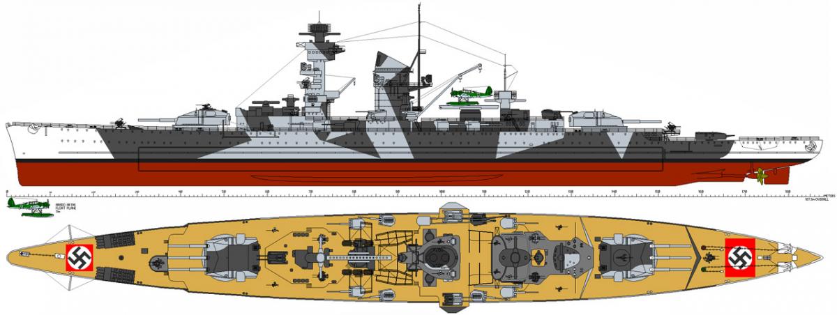  Тяжелый крейсер "Адмирал Шеер" в камуфляже 1940 года. Водоизмещение - 15180 тонн, длина - 186 м, вооружение - 6х280 мм, 8х150 мм, 6х88 мм орудий, 8 торпедных аппаратов, броня - 40-150 мм.