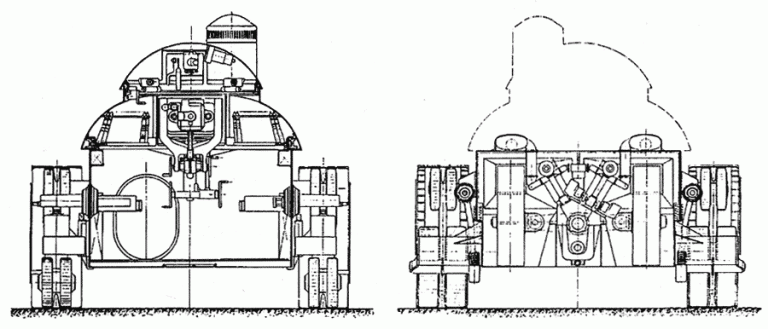 Поперечный разрез и разрез по моторному отделению танка ТА-2