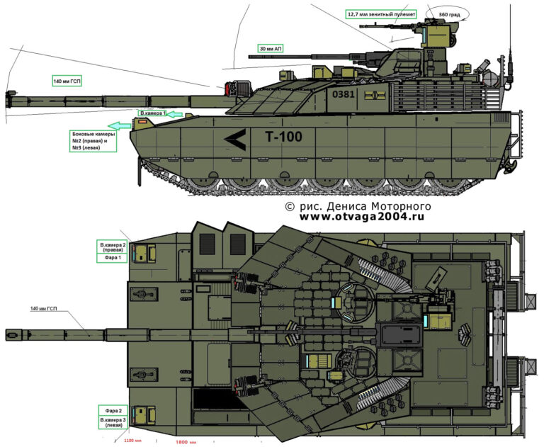 Рис 1.Внешний вид танка Т-100-140. Передняя проекция дана в сравнении с Т-80УД