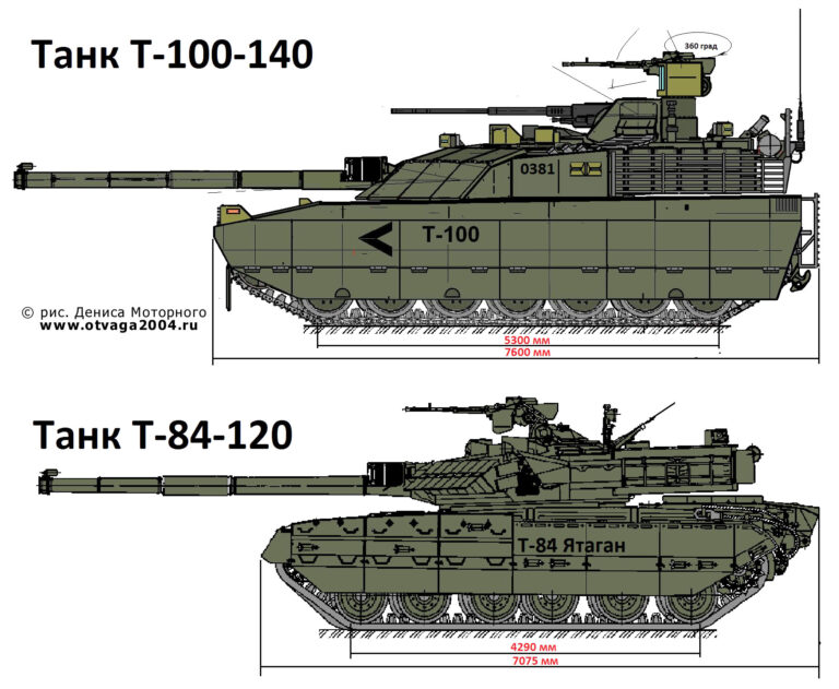 Рис. 6. Сравнительные боковые проекции танков Т-100-140 и Т-84-120