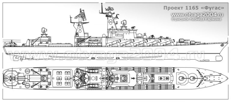 Предположительные проекции одного из поздних вариантов РКР пр.1165. Основное вооружение: ПКРК «Базальт», ЗРК «Квант» и «Оса-М», 130-мм АУ