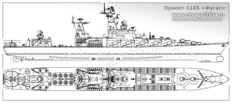Предположительные проекции еще одного из поздних вариантов РКР пр.1165. На этом корабле установлен ЗРК «Форт»