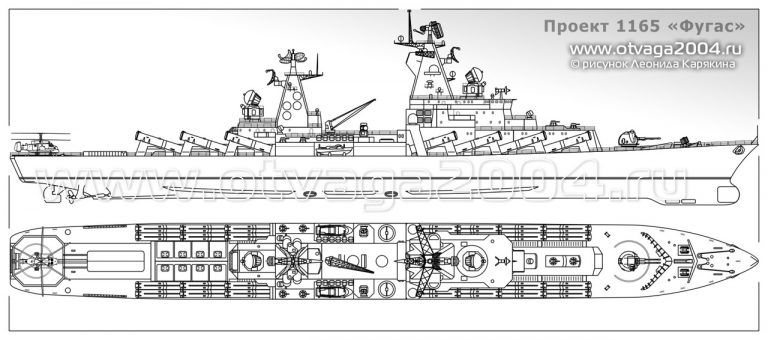  Проекции очередного позднего вариант   РКР пр.1165. На этом корабле увеличено количество ПКР «Базальт» и установлена спаренная 130-мм АУ