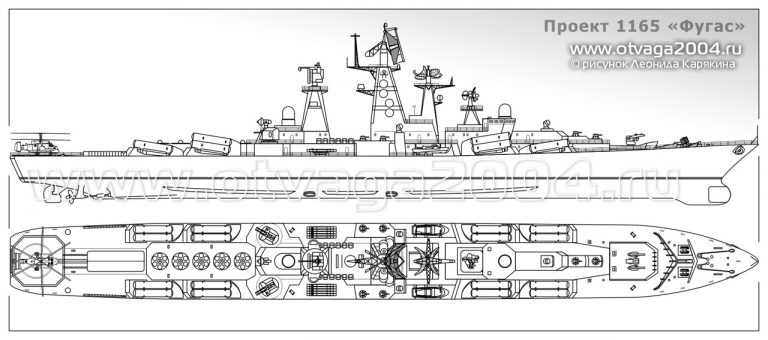 Проекции одного из ранних вариантов эскизного проекта атомного ракетного крейсера проекта 1165 «Фугас». Корабль вооружен ПКРК «Малахит», ЗРК «Коршун» и «Волна», а также ТА, 76-мм АУ, 30-мм ЗАК и РБУ
