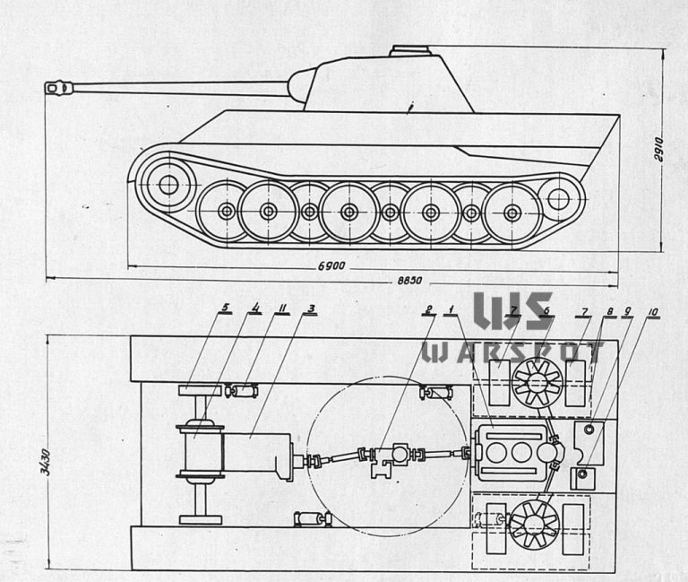 Схема моторно-трансмиссионной группы и габариты танка