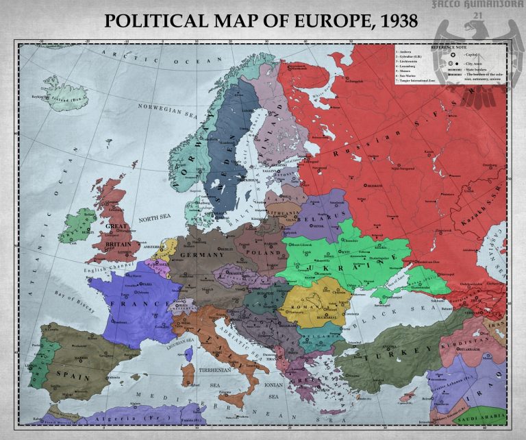 Карта Европы состоянием на март 1938 года.
