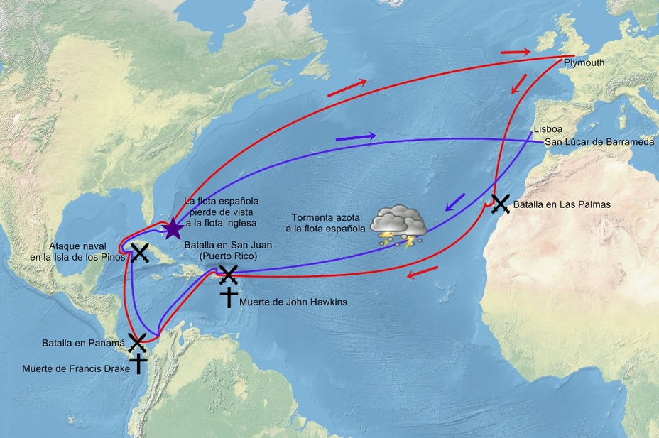 Карта походов Дрейка-Хокинса-Баскервиля (красным) и флота Бернардино Авеланеды и Хуана Гутиерреса де Гарибая (синим)