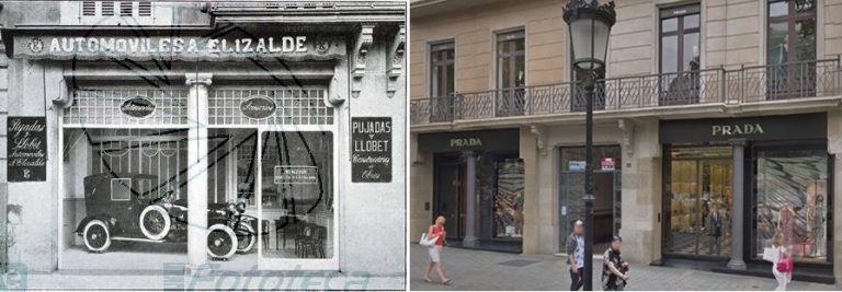 Демзал компании по адресу Paseo de Gracia, 88 в 1916 году и то же место в наши дни.
