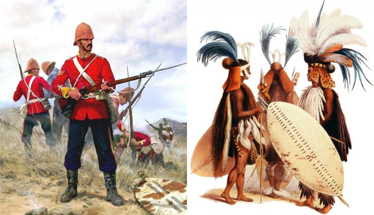 Солдат 13-го пехотного полка, принимавшего участие в битве при Камбуле, и зулусские женщины-воины в "парадной униформе".