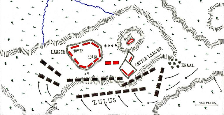 Карта-схема битвы при Камбуле. Несложно догадаться, что англичане на ней - красные, а зулусы - черные. Конечно, схема - условная. Негры атаковали нестройными толпами, а не ровными прямоугольными "когортами".
