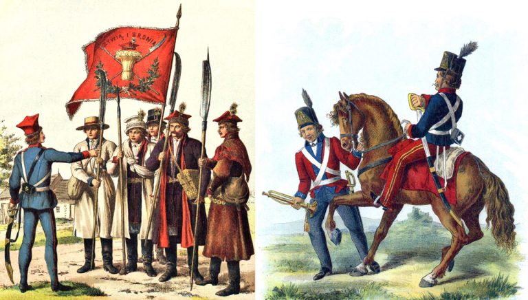 Косинеры со знаменем, горнист и кавалерист армии Костюшко. Далее - другие образцы польской униформы 1794 года.