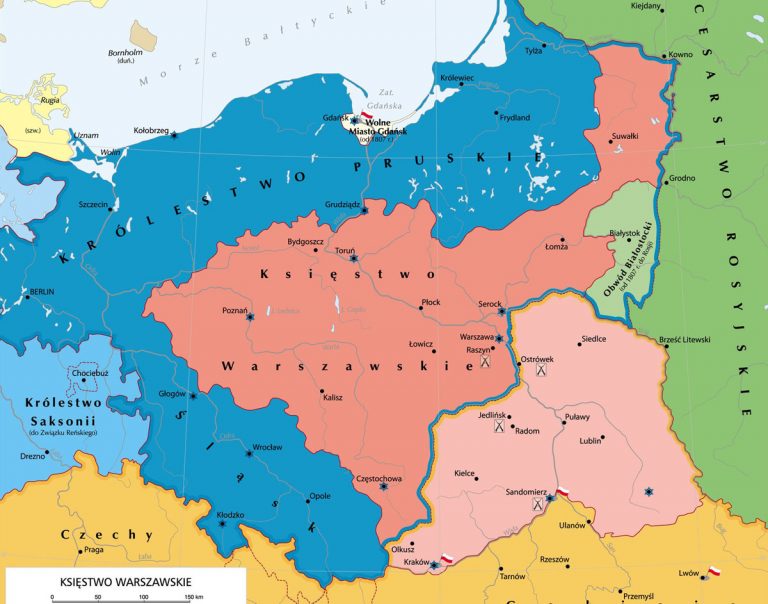 Карта Польши, носившей тогда название Великое Герцогство Варшавское, и прилегающих земель. Темно-розовым цветом помечена территория Герцогства до начала Польско-австрийской войны 1809 года, а светло-розовым - территории, присоединенные в результате этой войны.