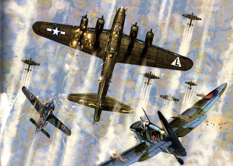 Бомбардировщик Flying fortress B-17 в бою