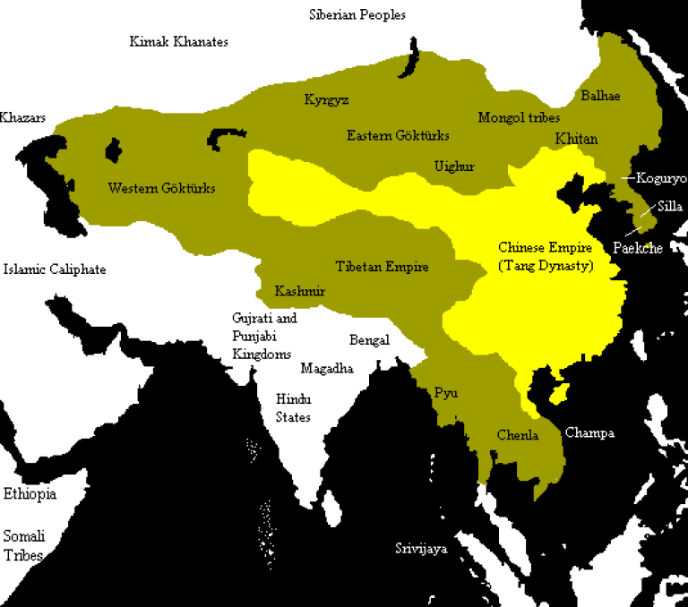 Ярко жёлтый цвет: Территория Китая при династии Тан.Тёмно-жёлтый: Сфера влияния Танского Китая