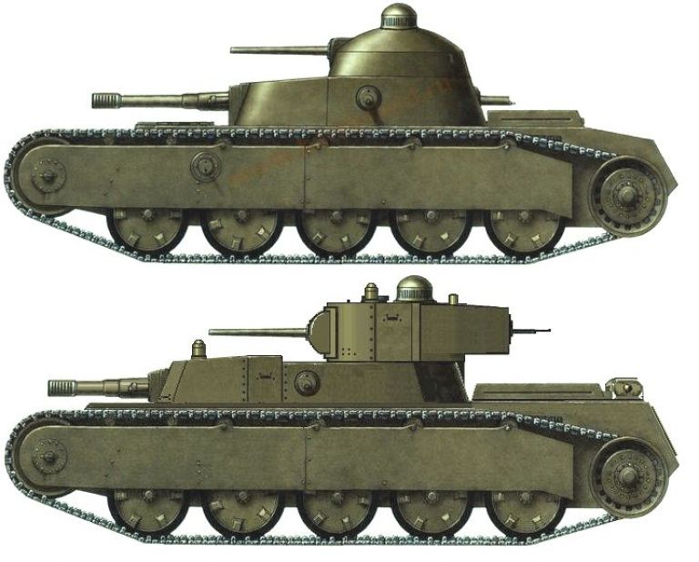 (Вверху проект танка Гротте. Ниже – опытный танк, построенный на его основе. Главные отличия – 300-сильный мотор М-6 вместо оригинального той же мощности. Вместо большой вращающейся башни с 76,2 мм пушкой, неподвижная рубка со специальной 107 мм танковой гаубицей Сячинтова. Вместо штампованной из 20 мм брони полусферической малой башни, более простая технологически цилиндрическая, с дополнительным 20 мм бронеэкраном спереди. Вооружение в малой башне одинаковое – 37 мм пушка «большой мощности» Сячинтова с полуавтоматикой от компании «Рейнметалл». Но доработанная башня имела немецкого типа спаренную установку пушки и пулемёта ДТ-29. Наблюдательный стробоскоп на крыше малой башни, уже в ходе испытаний заменили на простую неподвижную наблюдательную башенку)