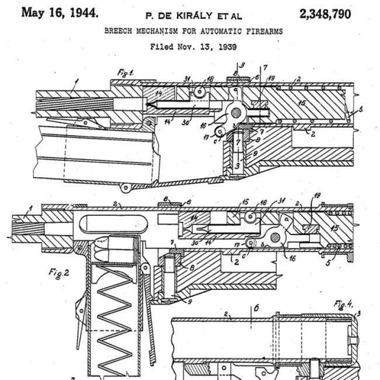 Устройство затвора 39M – патент Кирали. Рычаг-ускоритель имеет №16.