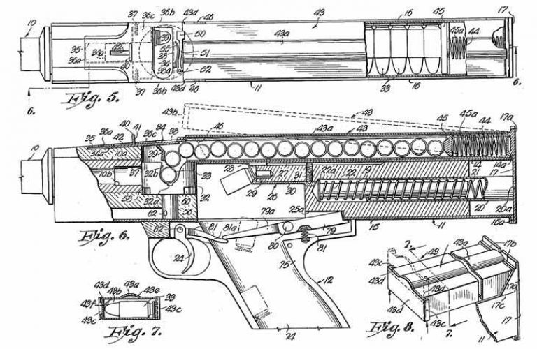 Схема из патента Джона Л. Хилла, на которой показана подача патронов сверху и устройство механизма их разворота.