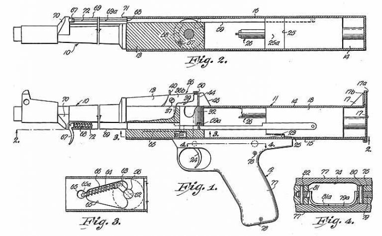 Схема общего устройства пистолета-пулемета из патента Джона Л. Хилла.
