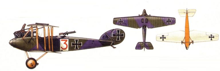 один из немногих многоцелевых боевых самолетов AGO C-IV, действовавших на западном фронте. На представленном рисунке показан самолет, действовавший в начале 1917 года в составе полевого авиаотряда №284A. Верхние и боковые поверхности были выкрашены полосами темно-зеленого и фиолетового цветов, нижние поверхности крыльев и горизонтального оперения были выкрашены в сверло-серый цвет. Стойки и нижняя поверхность фюзеляжа были выкрашен в желтый цвет