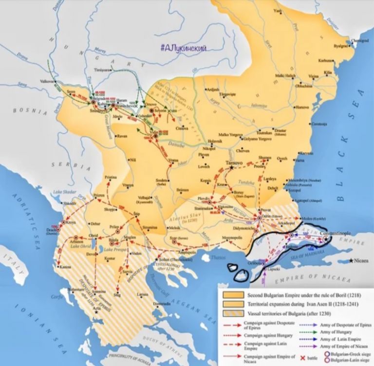 Латинская империя к 1240 (черным), захваты и удары православных врагов